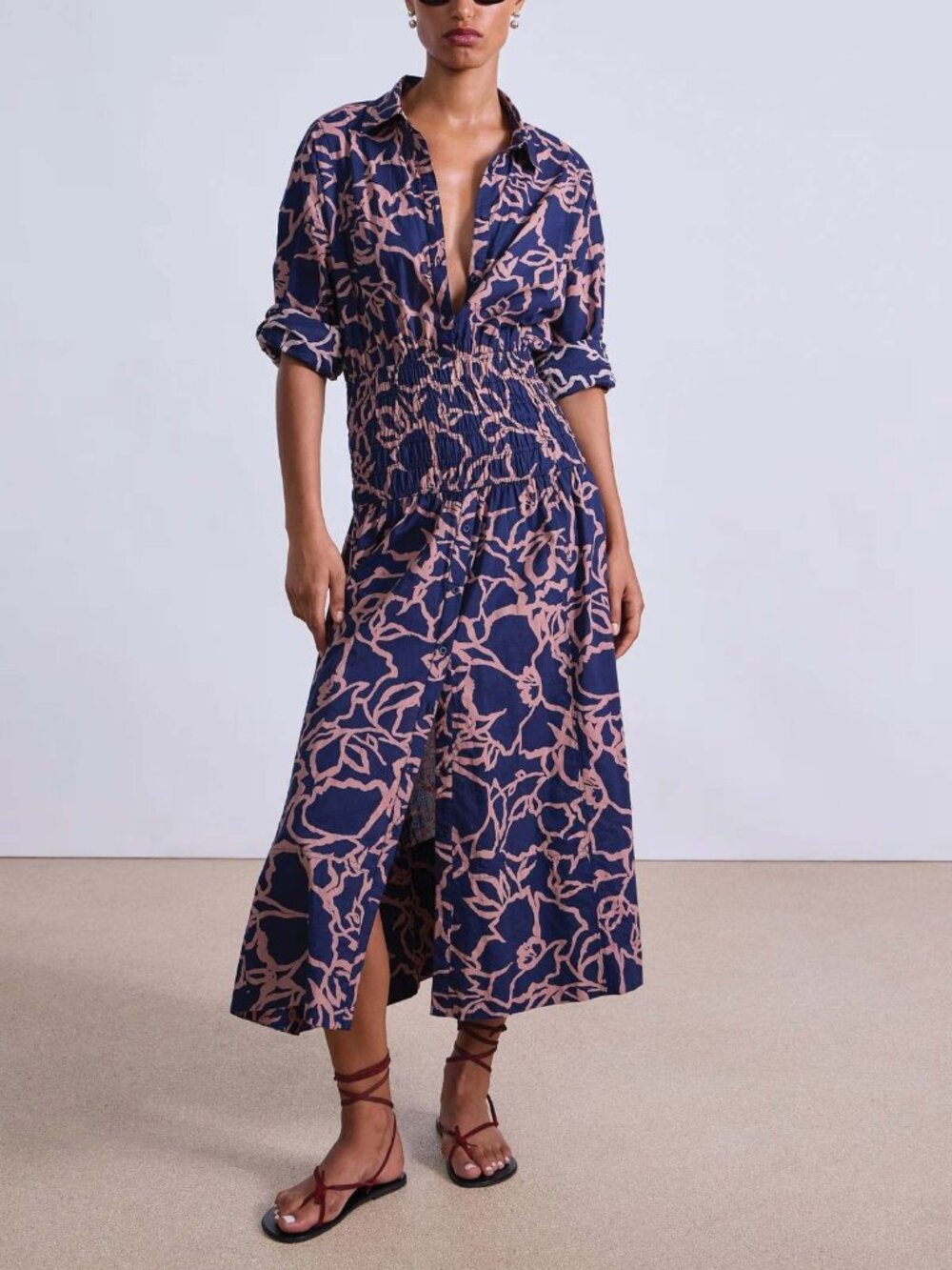 Apiece Apart Navy and Pink Floral Midi Dress